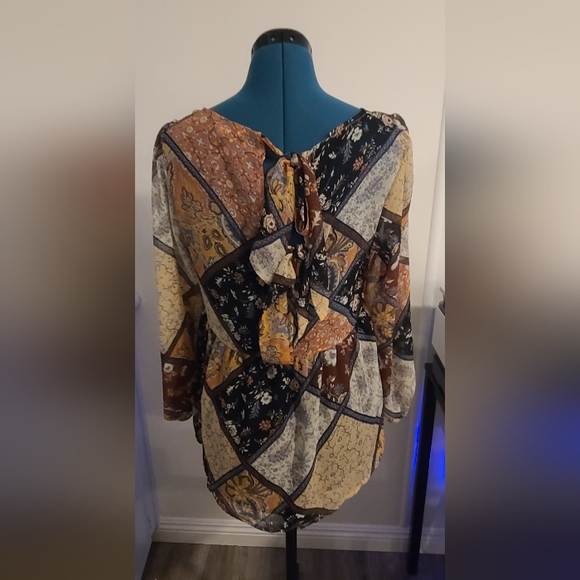 #35 American Eagle Floral Patchwork Square Neck Tie Back Babydoll Top, Medium - Picture 6 of 10